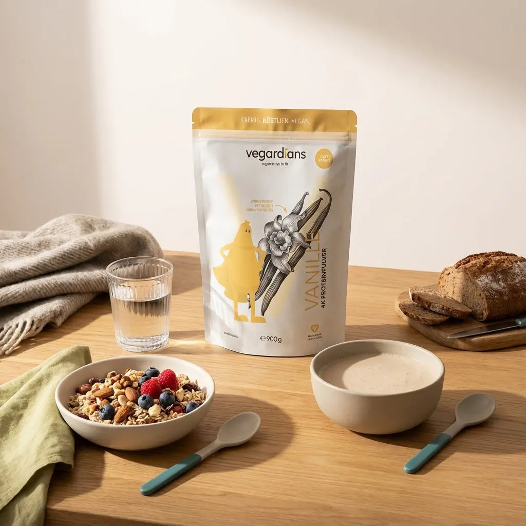 Sanftes Morgenstillleben: nachhaltiges Frühstück mit Müsli, Nüssen, Beeren, veganem Shake und Glas Wasser auf Holztisch – Was gibt Kraft zum Joggen?