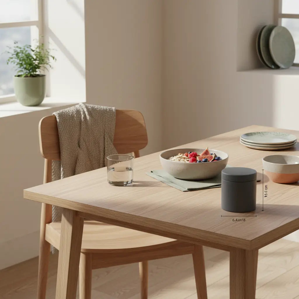 Minimalistische Morgenküche mit Haferbrei, frischen Früchten, Nüssen und Wasser auf nachhaltigem Holztisch – was isst man bei einer mediterranen diät?