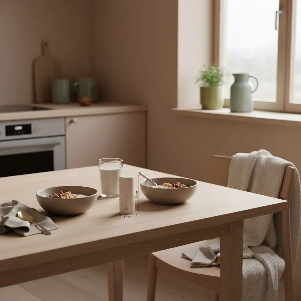 Minimalistisches Frühstück mit Granola, pflanzlichem Joghurt, Nüssen und Shake in einer hellen europäischen Küche – ruhige, nachhaltige Szene, was isst man im januar