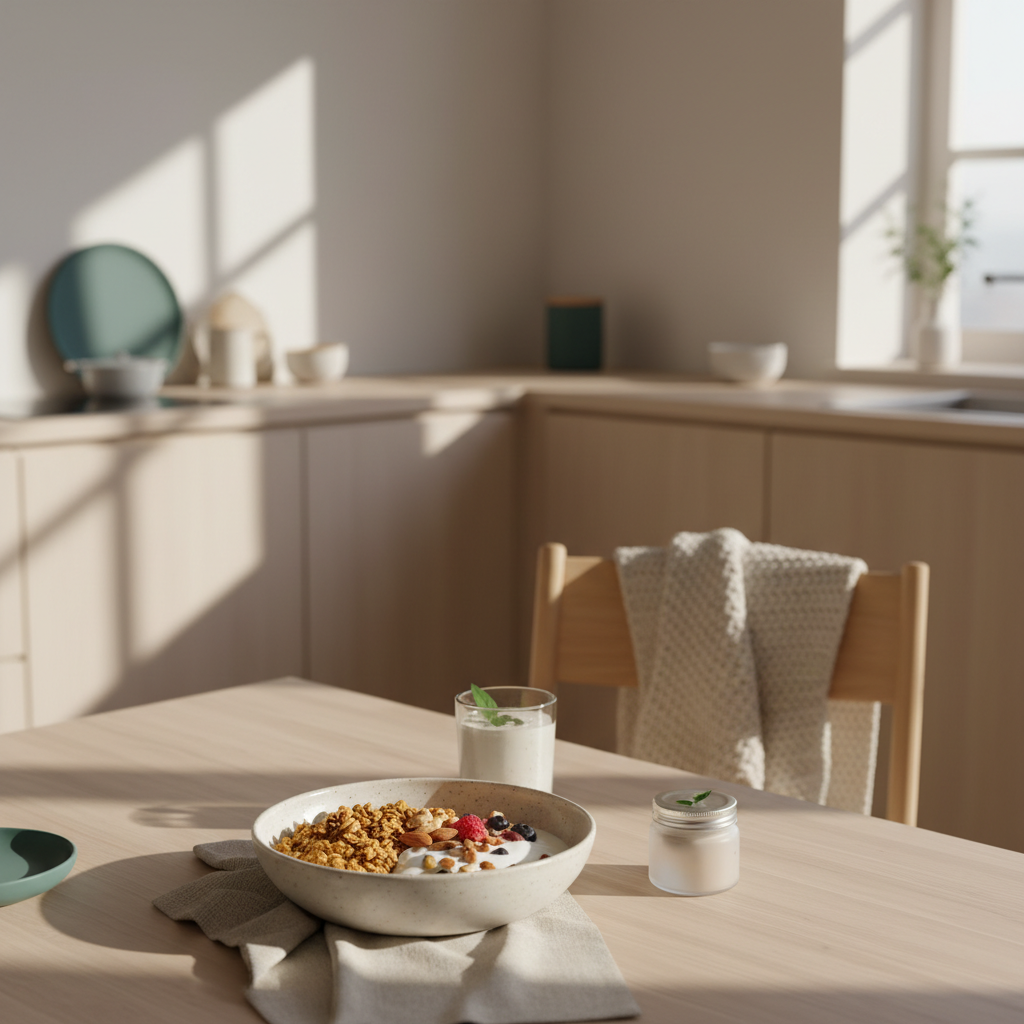 Minimalistische Vegardians-Küche mit veganem Frühstück (Granola, pflanzlicher Joghurt, Nüsse, Shake), winterliche Woll- und Leinen-Texturen. Was ist das Wichtigste beim Bodybuilding?