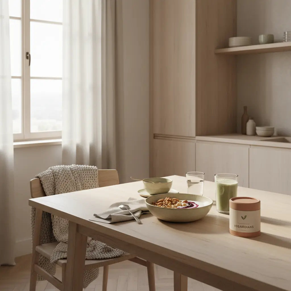 Was ist die beste Ernährung gegen Krebs? Veganes Frühstück in heller, minimalistischer Küche: Granola, pflanzlicher Joghurt, Nüsse und Shake auf Keramik, warme Beige- und Salbei-Töne.