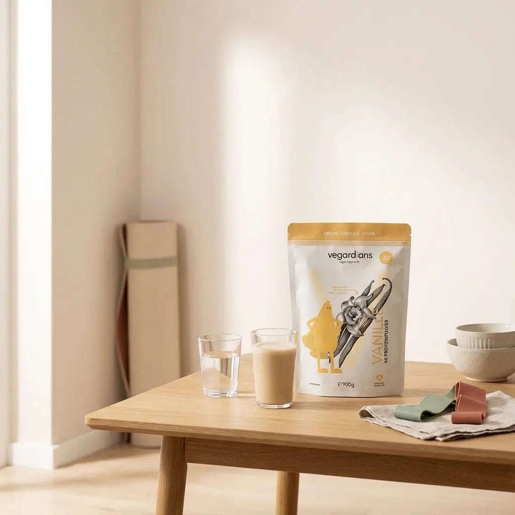 Was ist Tubentraining? Minimalistische Heimtrainingsszene bei Morgenlicht: Holztisch mit Glas Wasser, Proteinshake und dem Produkt aus den Referenzfotos, im Hintergrund Yogamatte und Widerstandsbänder, Farbwelt #F7EDE6/#B0BF71/#4A9A9E.