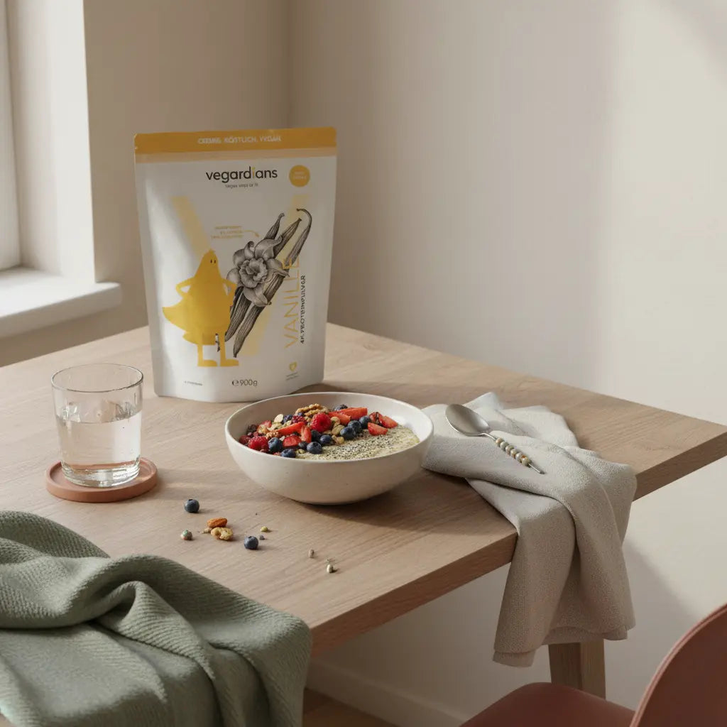 Veganes Frühstück mit Porridge, Beeren, Nüssen und klarem Wasserglas auf einem nachhaltigen Holztisch in sanftem Morgenlicht — Was kann ich bei 1500 kcal am Tag essen?