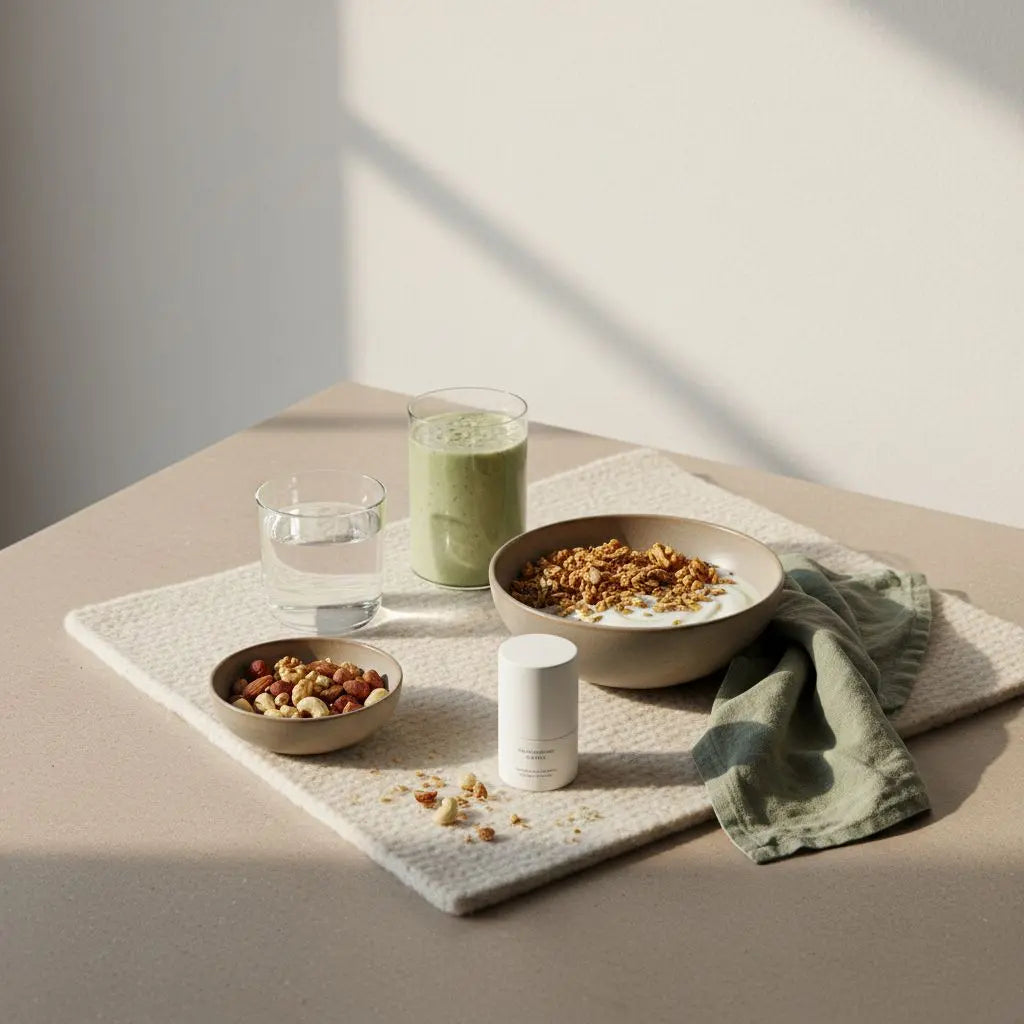 Veganes Frühstück mit Granola, pflanzlichem Joghurt, Nüssen und Shake auf minimalistischer Tischszene in europäischer Küche – Was kann ich essen bei einer Diät