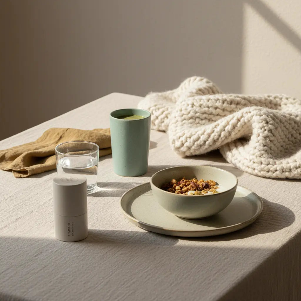 Veganer Frühstückstisch mit Granola, Pflanzenjoghurt, Nüssen und Shake in ruhiger Küche – Was müssen Veganer zusätzlich zu sich nehmen?