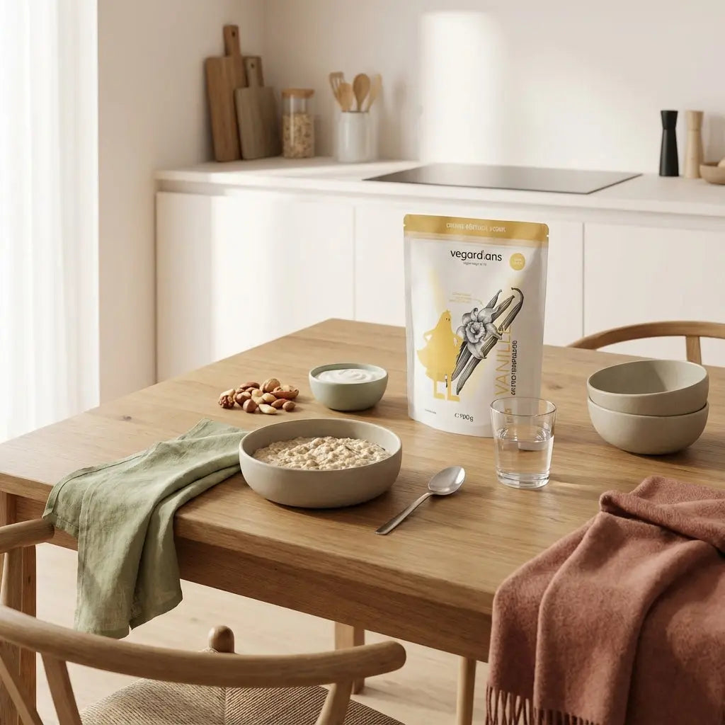 Minimalistische Morgen-Küchenszene mit veganem proteinreichen Haferbrei, Pflanzenjoghurt, Nüssen, klarem Wasserglas und Produkt auf Holztisch — was muss ich essen um fett zu verbrennen