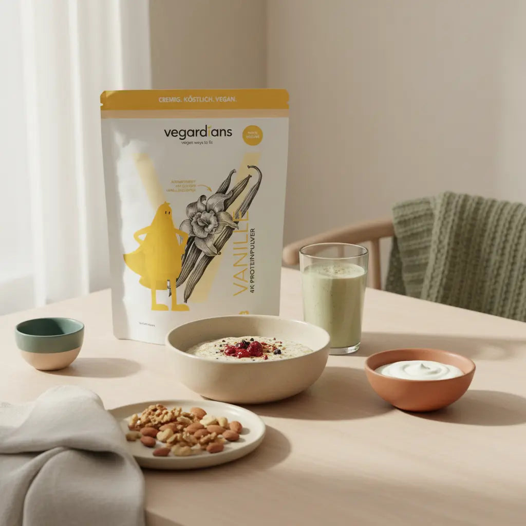 Minimalistische Frühstücksszene mit veganem Porridge, Nüssen, Joghurt und Shake auf nachhaltigem Holztisch – was muss man essen wenn man zu dünn ist