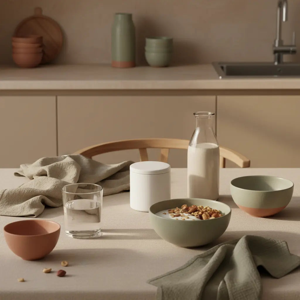 Minimalistisches veganes Frühstück in europäischer Küche mit Granola, Pflanzenjoghurt, Nüssen und Shake auf Tisch – Was nehmen nicht Naturliche Bodybuilder?