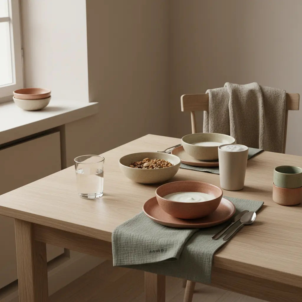 Was passiert, wenn man auf tierische Produkte verzichtet? Veganes Frühstück auf europäischem Küchentisch: Granola, pflanzliches Joghurt, Nüsse und Shake in ruhiger Morgenatmosphäre.