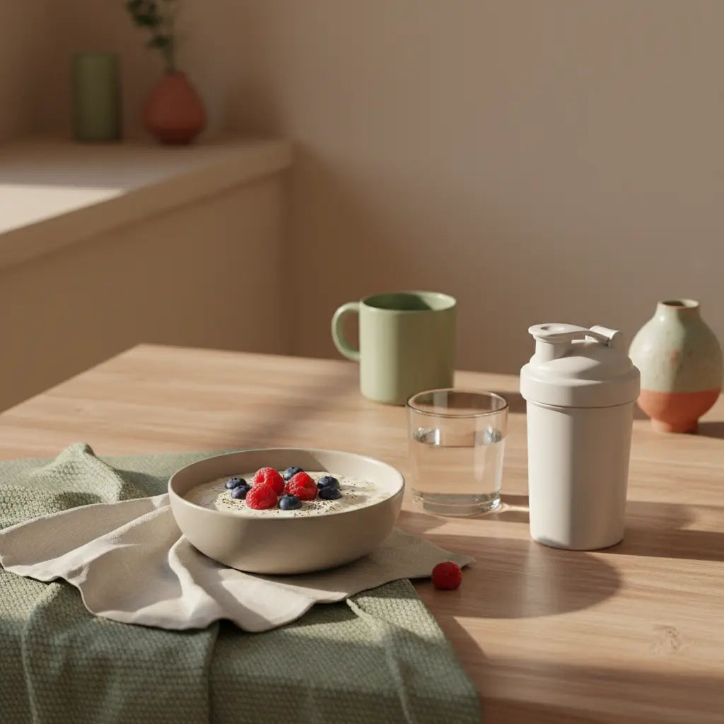 Vegane Frühstücksschüssel mit Haferbrei, Beeren, Glas Wasser und Proteinshaker auf nachhaltigem Holztisch in sanftem Morgenlicht – was soll man essen wenn man abnehmen will