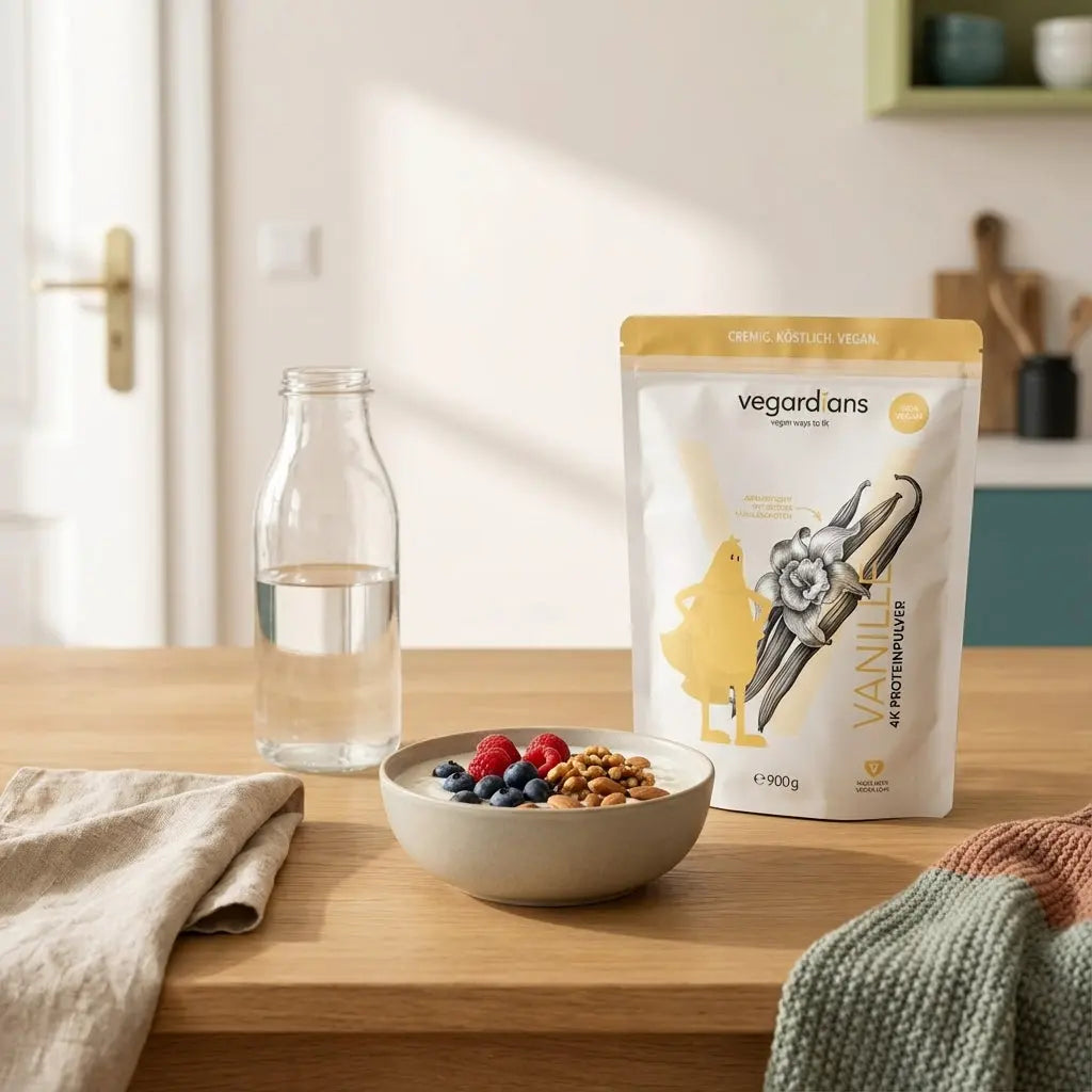 Was sollte man jeden Tag essen: minimalistisches Morgenfrühstück mit Hafer-Joghurt, Beeren, Nüssen und pflanzlichem Shake auf nachhaltigem Holztisch in warmen Beige‑ und Salbeitönen.