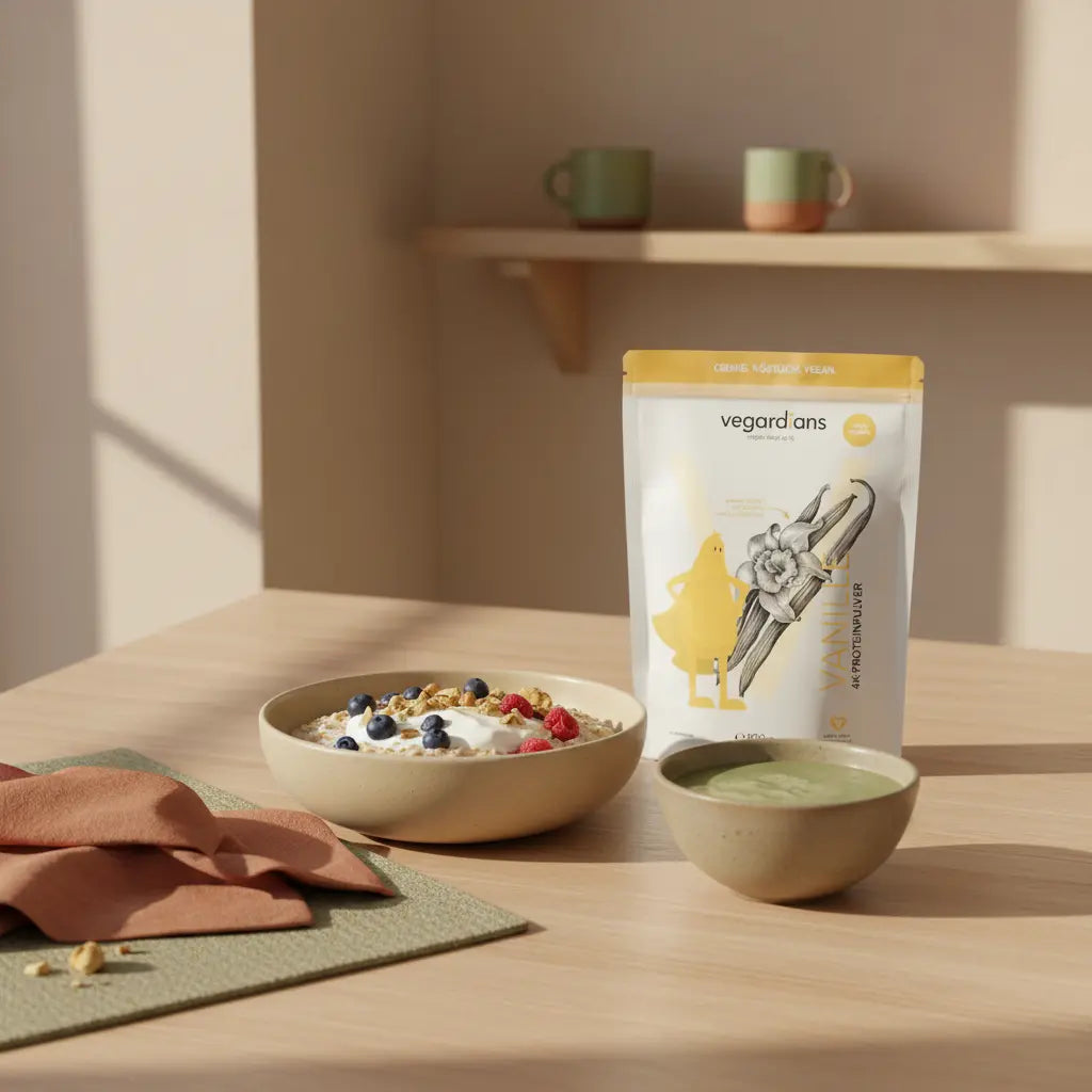 Veganes Protein-Frühstück auf Holztisch mit Haferflocken, Sojajoghurt, Nüssen, Beeren und neutralem Proteinshake in Keramik – was sollte man jeden tag essen um muskeln aufzubauen