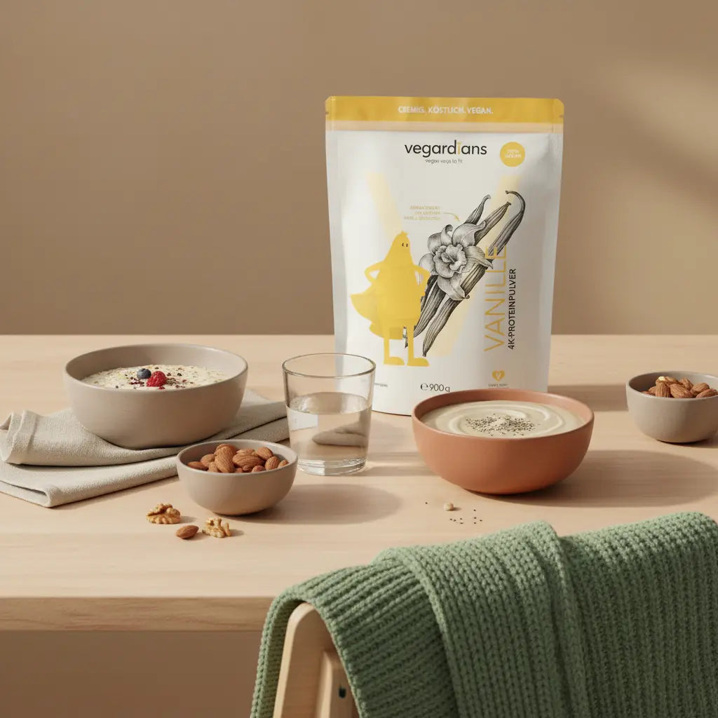 Veganer Frühstückstisch mit Haferflocken, Nüssen, Glas Wasser und Proteinshake – was sollte man nach dem fitness essen zum muskelaufbau