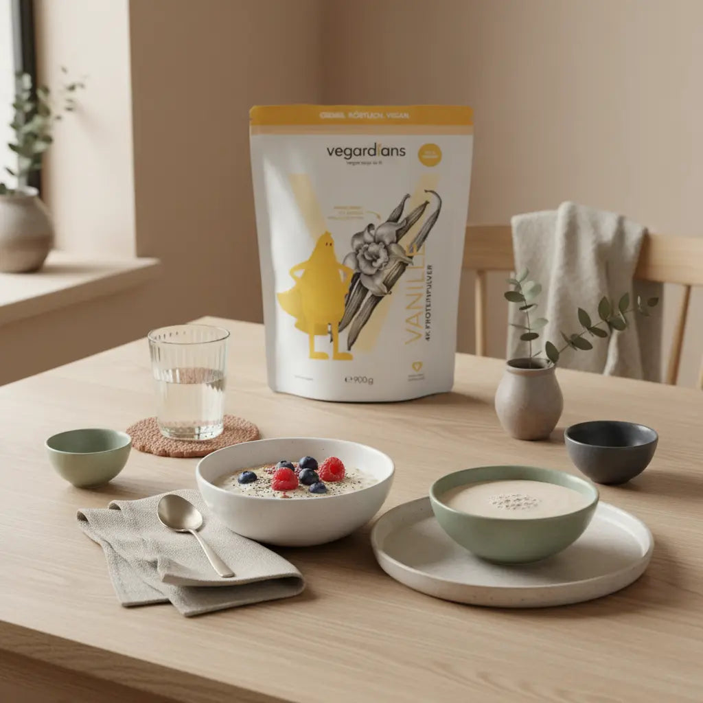 Minimalistische Frühstücksszene mit Haferflocken, Beeren, Glas Wasser und Proteinshake auf Holztisch im Vegardians‑Stil – Was sollte man nicht essen bei Cellulite