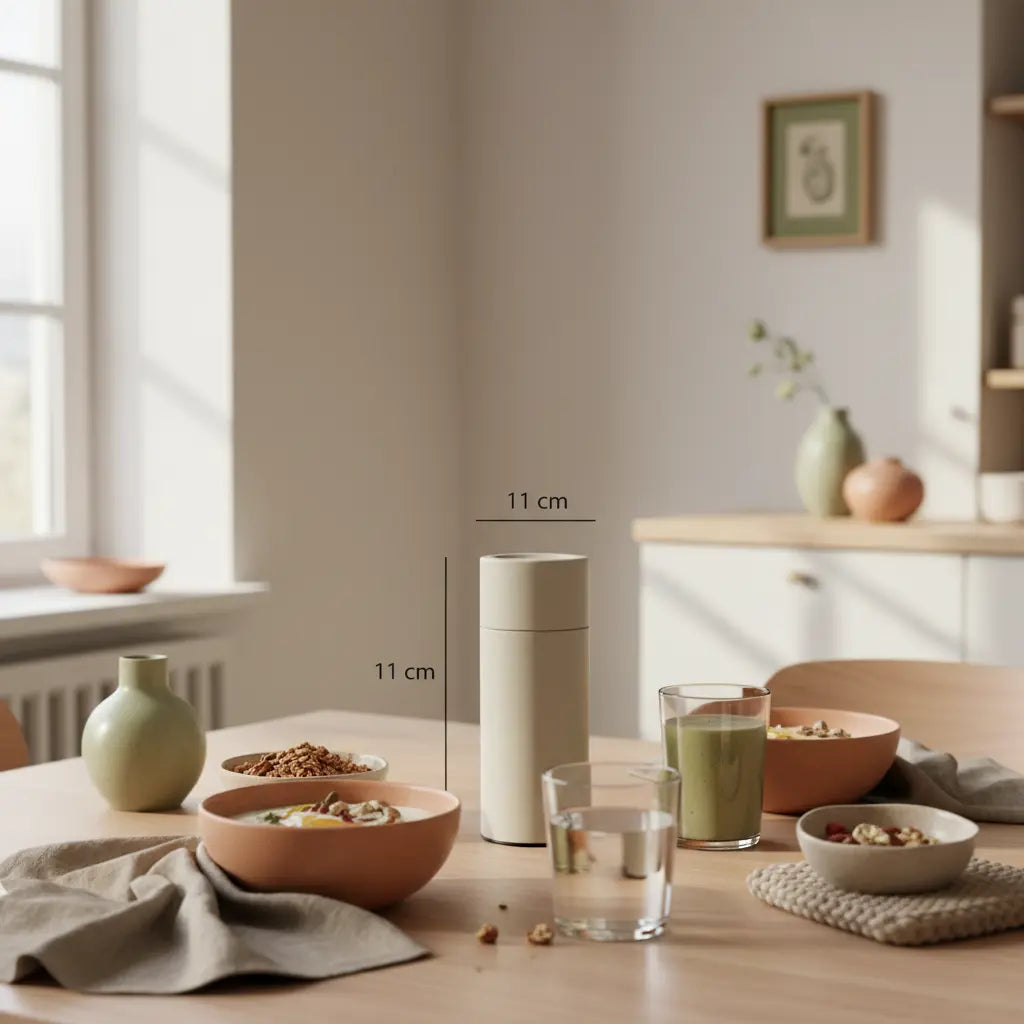 Minimalistischer Frühstückstisch mit Granola, pflanzlichem Joghurt, Nüssen und Shake in sanftem Morgenlicht – Was verwenden Veganer anstelle von Öl