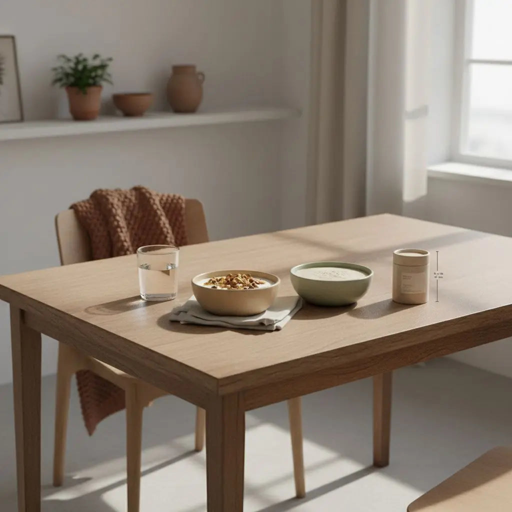 Minimalistisches Frühstück mit Granola, Joghurt, Nüssen und Shake in Keramikschalen in einer europäischen Küche im Morgenlicht, ruhige Atmosphäre, wechseljahre abnehmen tipps