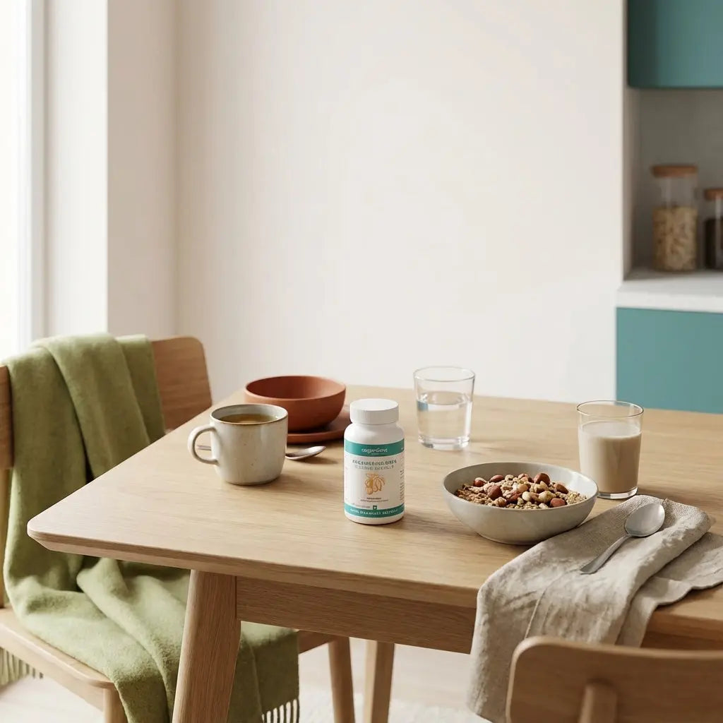 Minimalistische Frühstücksszene mit Holztisch, Tee, Glas Wasser, Müsli und pflanzlichem Shake, winterliche Akzente in Salbei und Terrakotta – Welche 4 Arten der Motivation gibt es?