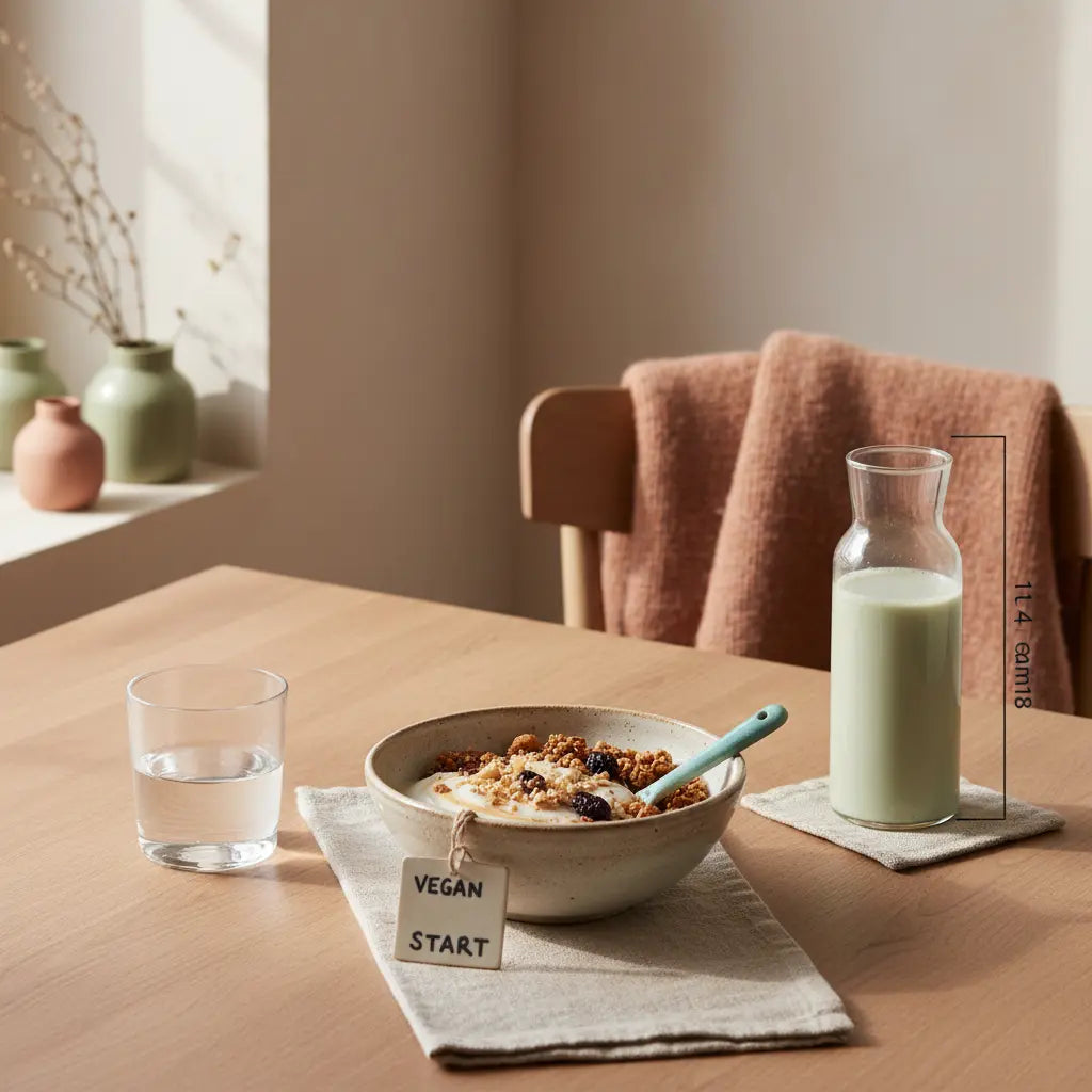 Minimalistischer veganer Frühstückstisch in europäischer Küche mit Granola, pflanzlichem Joghurt, Nüssen und Shake-Gefäß (das Produkt aus den Referenzfotos) in ruhiger, erdiger Farbwelt — Welche 7 Übungen sollte ich jeden Tag machen?