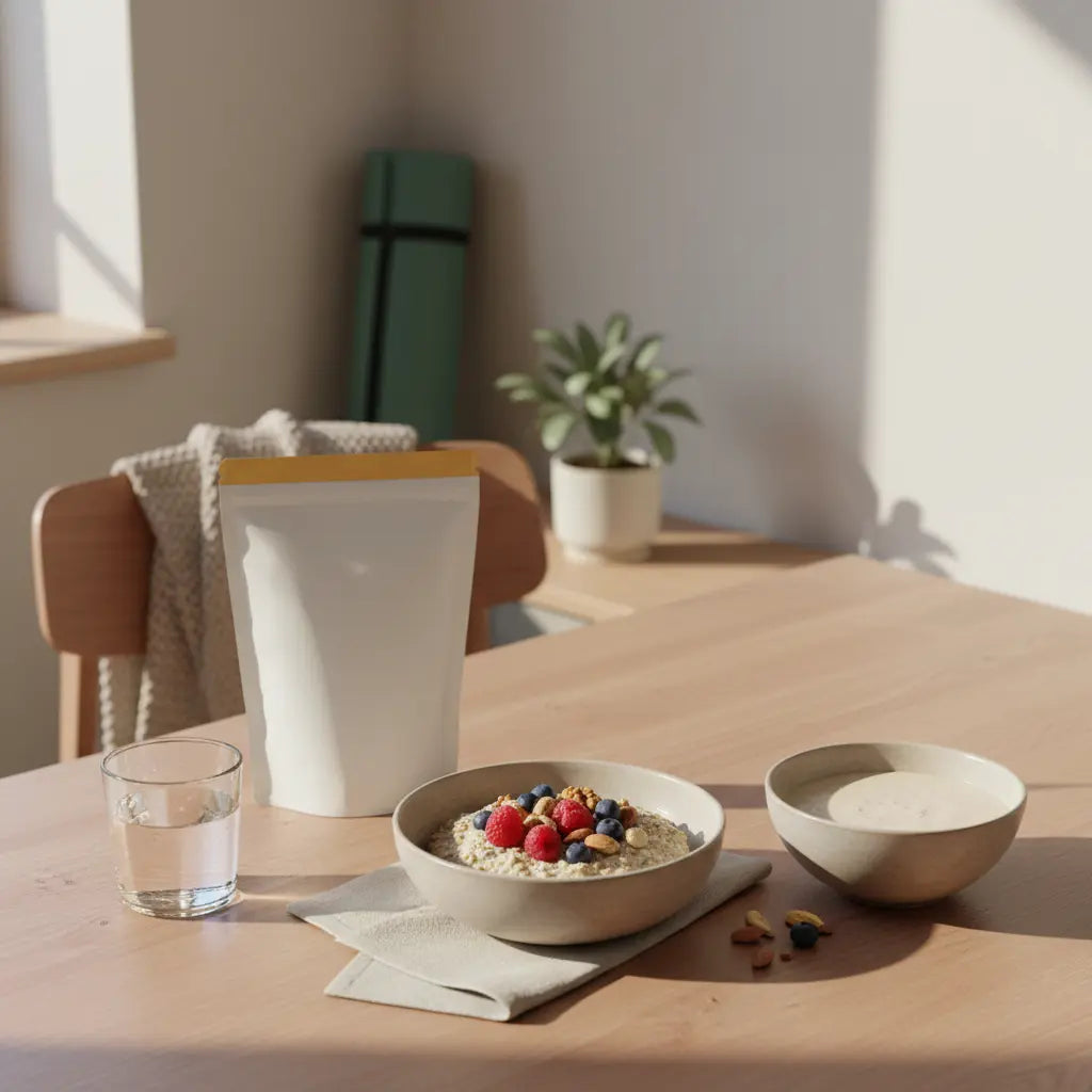 Ruhige Trainingsküche am Morgen: Holztisch mit Glas Wasser, Hafer mit Nüssen, veganem Proteinshake und gerollter Yogamatte – welche bauchübung ist am effektivsten