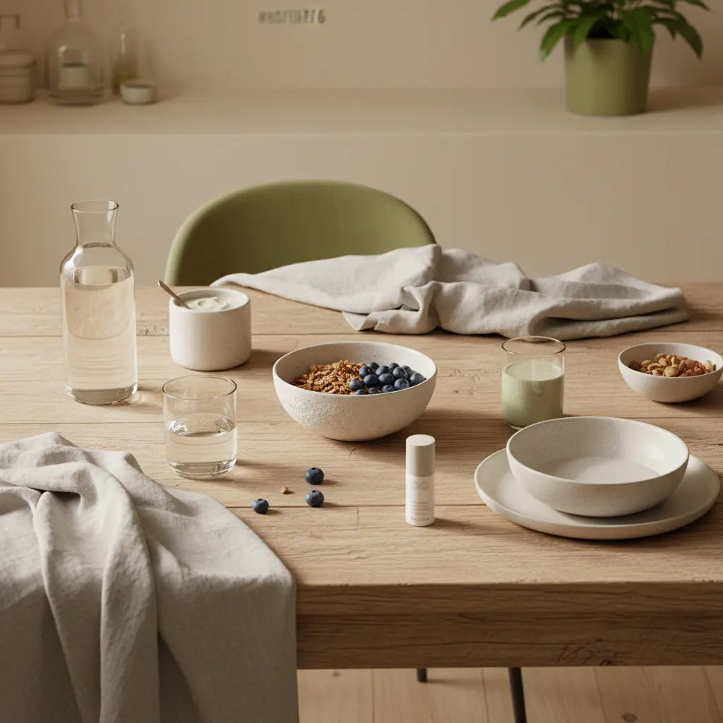 Minimalistische Küchenszene mit Müsli, pflanzlichem Shake, Glas Wasser, Nüssen und einem Produkt auf dem Tisch im Vegardians-Farbstil — Welche Darmbakterien fehlen bei Übergewicht?