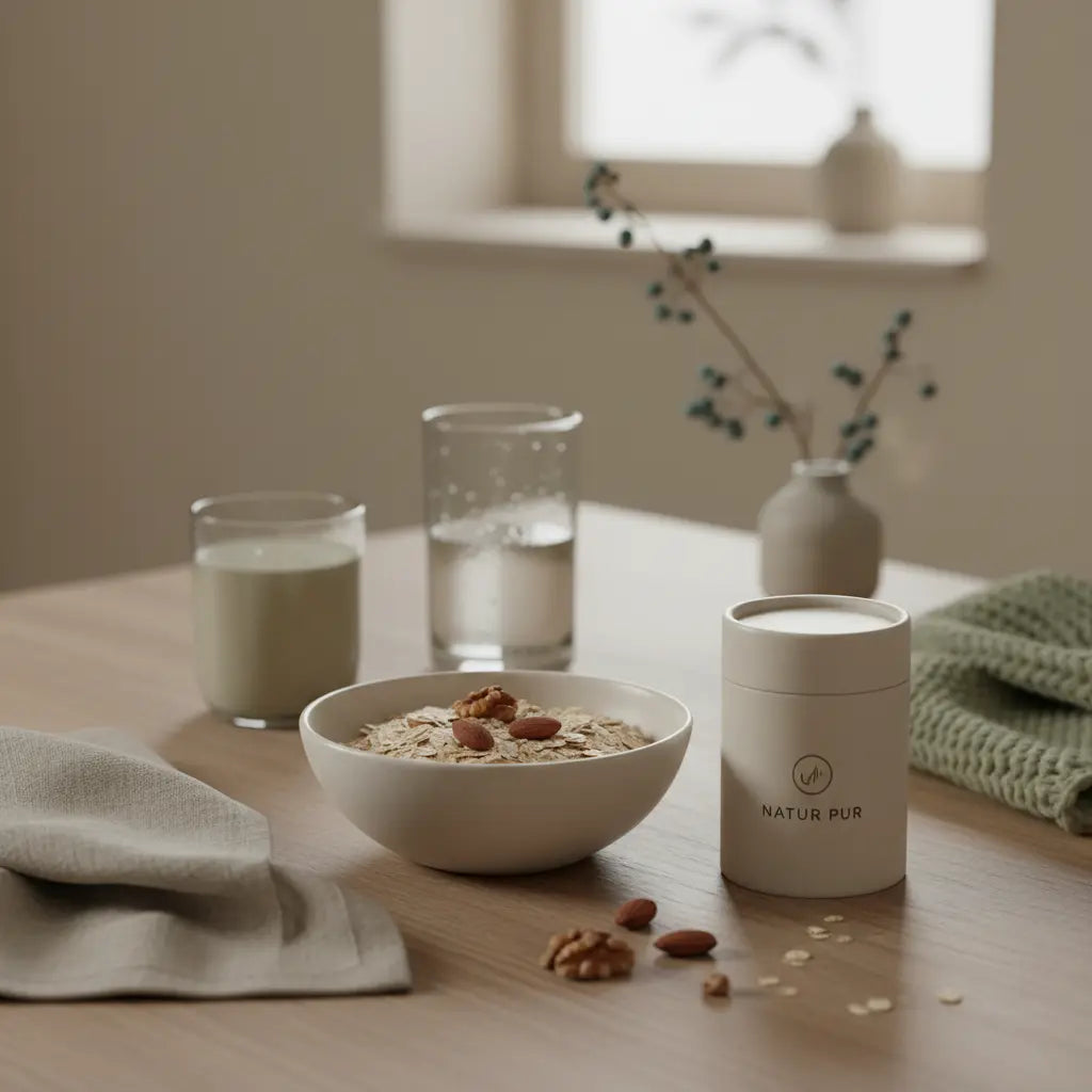 Welche Darmkur ist am besten – ruhige europäische Morgenküche mit nachhaltigem Holztisch, Glas Wasser, Haferflocken, Nüssen und pflanzlichem Shake, Hintergrund #F7EDE6