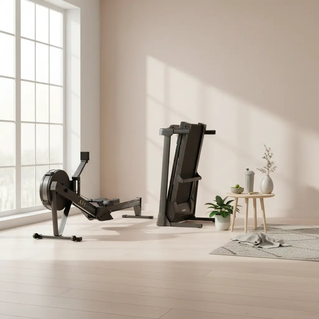 Welche Geräte sind Cardio: Minimalistische Heimtrainingsszene am Morgen mit kompakterm Rudergerät und faltbarem Laufband, skandinavischer Raum, Holzboden, Pflanzen, Keramikschale mit Shake.