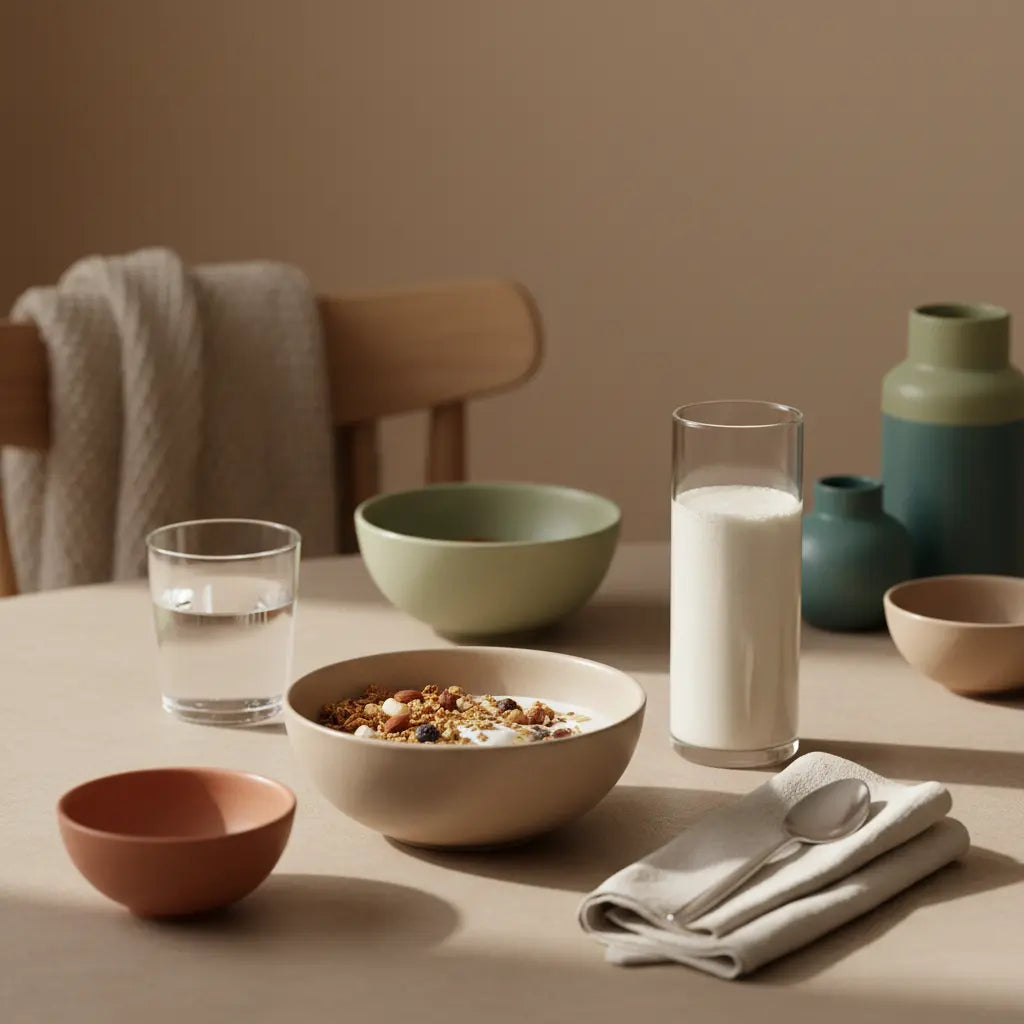 Minimalistische Vegardians-Frühstücksszene mit Granola, pflanzlichem Joghurt, Nüssen und Proteinshake in einer europäischen Küche im Morgenlicht — Welche Lebensmittel enthalten extrem viel Eiweiß?