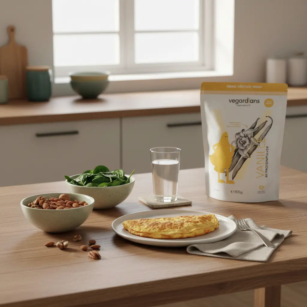 Küchenszene mit kohlenhydratarmem Frühstück (Omelett, Blattgemüse, Nüsse, Wasserglas) auf nachhaltigem Holztisch – Welche Lebensmittel haben keine Kohlenhydrate?