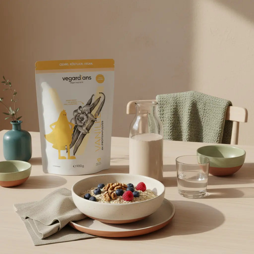 Welche Lebensmittel schmelzen Körperfett: veganes Frühstück mit Haferbrei, Nüssen, Beeren und einem Shake auf nachhaltigem Holztisch im sanften Morgenlicht, minimalistisch.