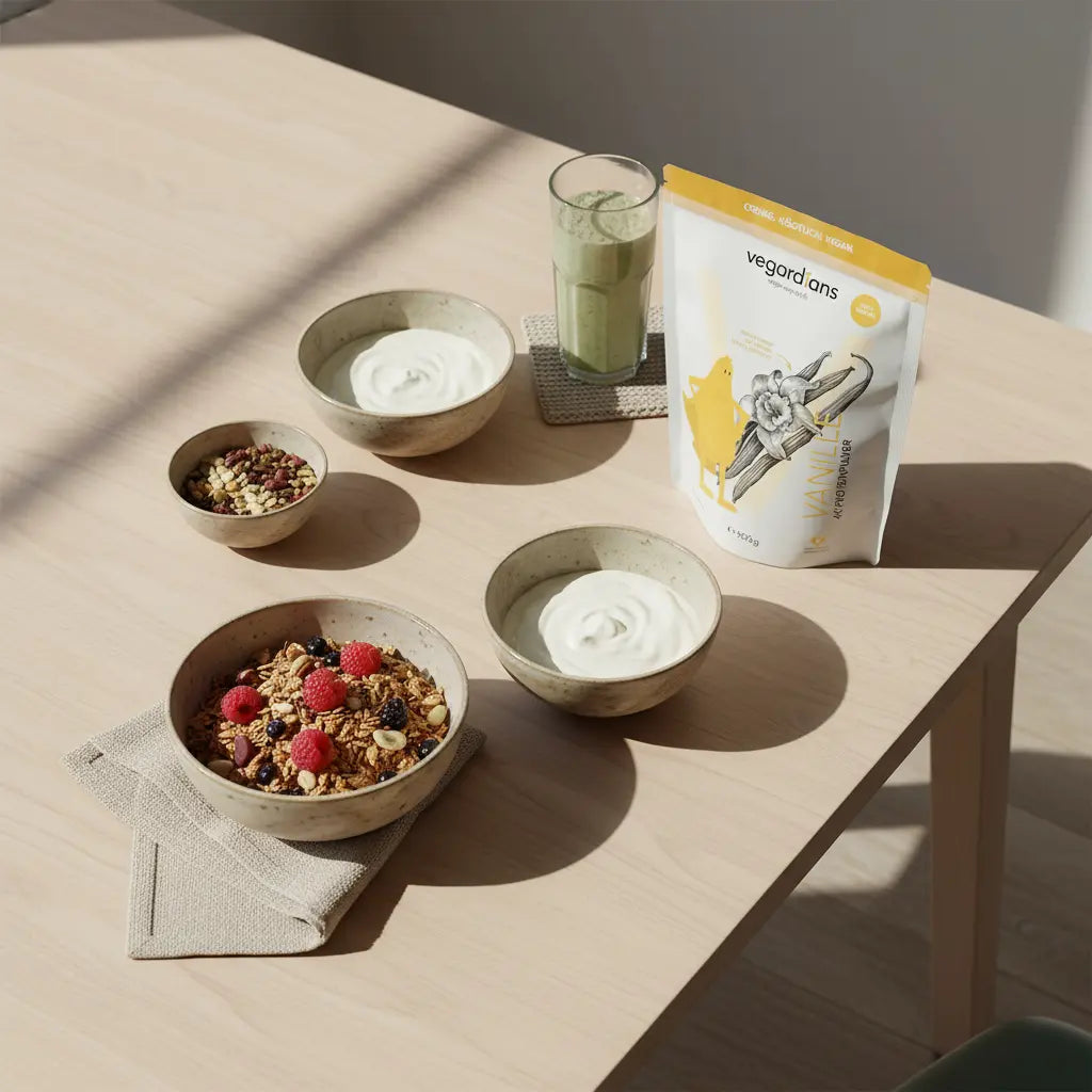 Veganer Frühstückstisch mit Müsli, Pflanzenjoghurt, Nüssen und Shake auf nachhaltigem Holztisch im Morgenlicht — Welche Lebensmittel soll man essen, wenn man Abnehmen will?