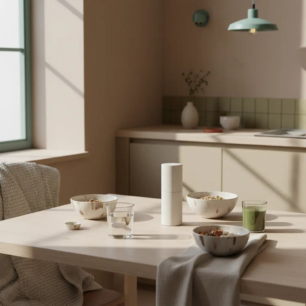 Minimalistisches Frühstück mit Granola, Joghurt, Nüssen und Shake auf nachhaltigem Tisch in europäischer Küche — Welche lustigen Neujahrsgrüße gibt es?