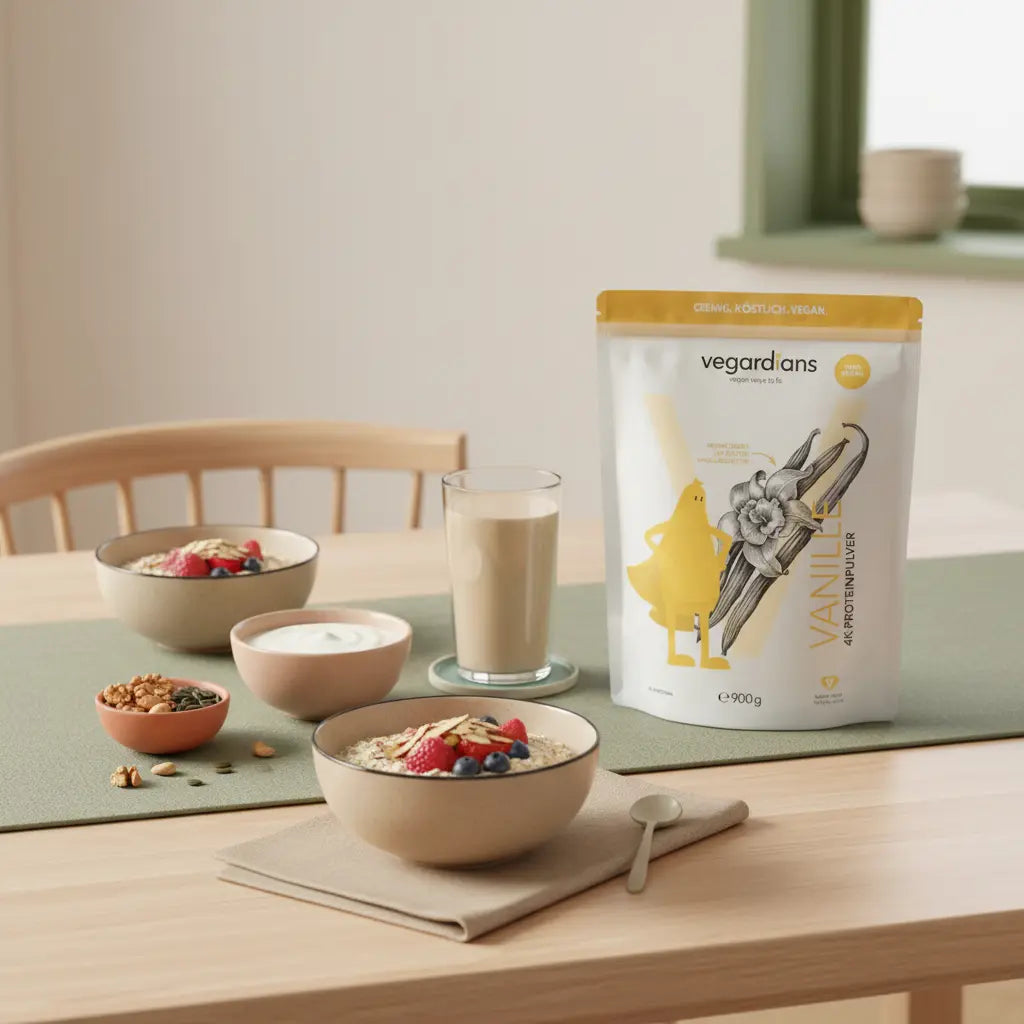 Küchenszene mit veganer Mahlzeit und Vegardians-Produkt. Welche Mittel sind für schnellen Muskelaufbau geeignet?