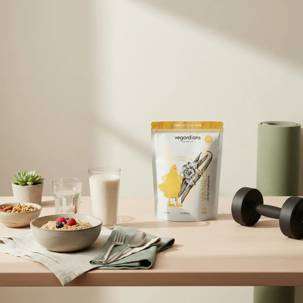 Heller Frühstückstisch mit Proteinshake, Haferbrei, Nüssen und minimalen Trainings-Accessoires; ruhige Szene für welche muskeln sollte ich als anfänger trainieren