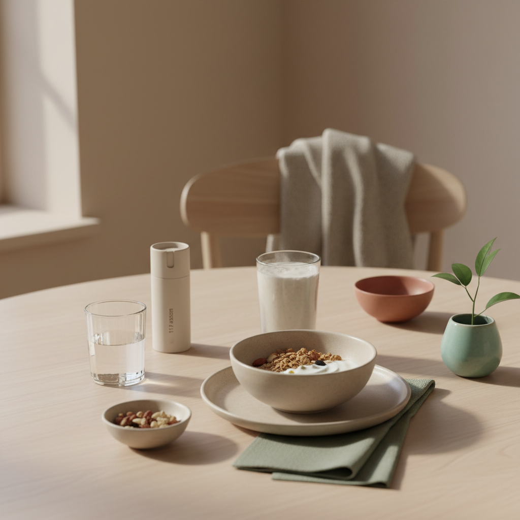 Minimalistisches veganes Frühstück mit Granola, Joghurt, Nüssen und Shake auf nachhaltigem Tisch im Morgenlicht; welche nüsse haben am meisten eiweiß?