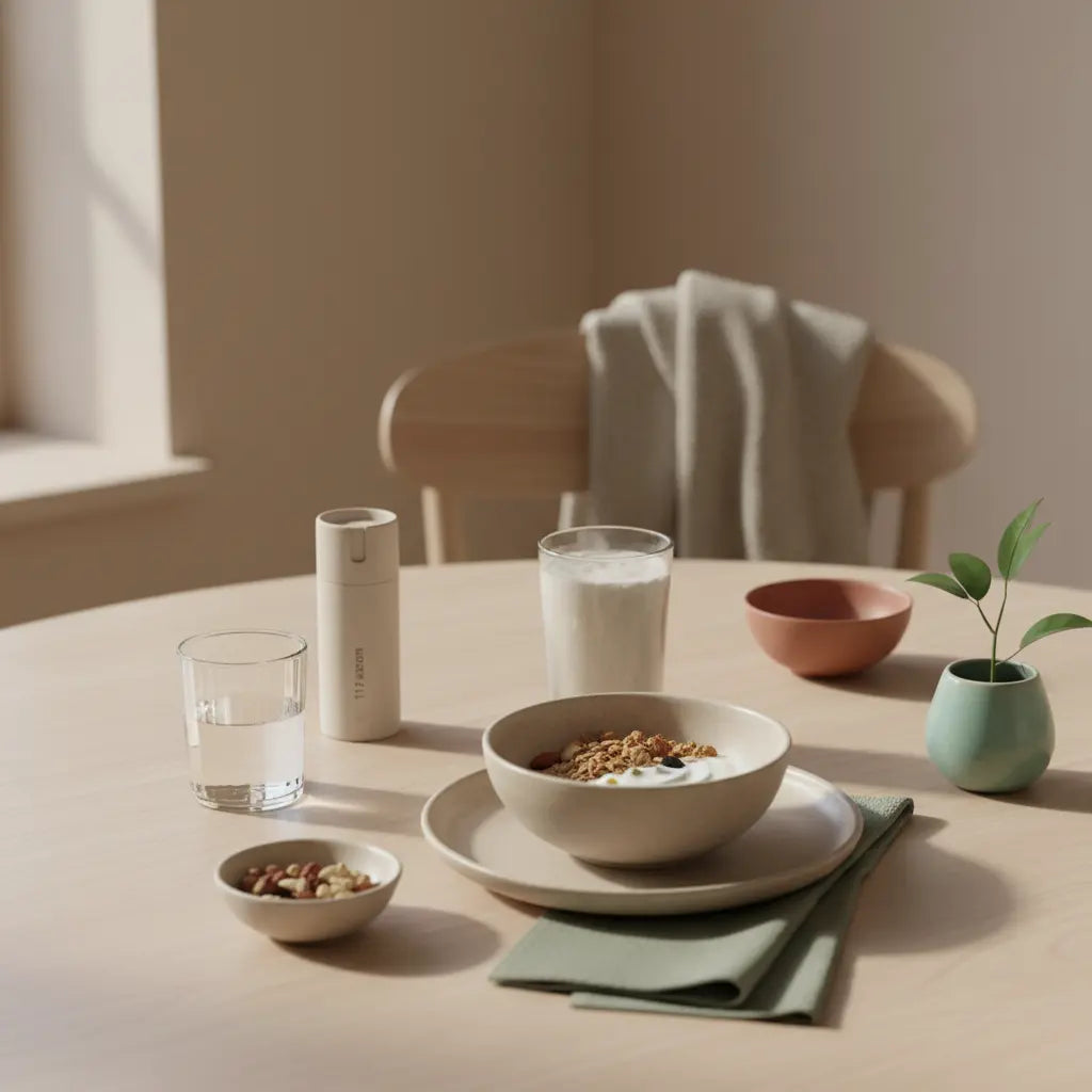 Minimalistisches veganes Frühstück mit Granola, Joghurt, Nüssen und Shake auf nachhaltigem Tisch im Morgenlicht; welche nüsse haben am meisten eiweiß?