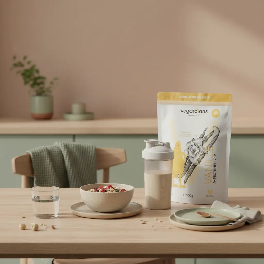 Sanfte Morgenküche mit nachhaltigem Holztisch, Glas Wasser, Müsli, veganem Shake und dem Produkt aus den Referenzfotos – welche Pillen sind für Muskelaufbau geeignet?