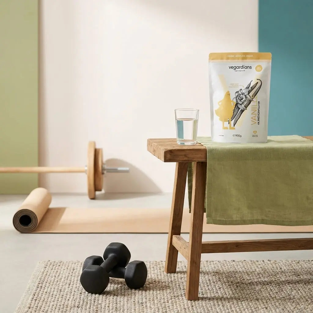 Welche Reihenfolge im Fitnessstudio? Minimalistischer Trainingsbereich bei Morgenlicht mit Hanteln, Langhantel im Rack, Yogamatte, Glas Wasser und Vegardians-Produkt auf Holztisch, Hintergrund #F7EDE6.