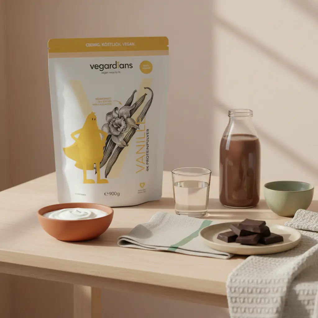 Welche Schokolade kann ich bei einer Diät essen? Minimalistische Morgen-Tischszene mit griechischem Joghurt, Glas Wasser, kleiner Portion dunkler Schokolade auf Keramik und proteinreichem Schoko-Shake.