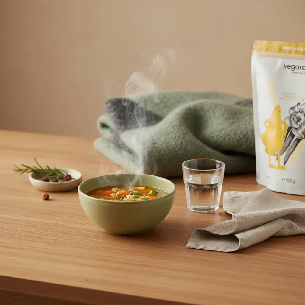 Welche Suppen eignen sich zum Abnehmen? Dampfende Gemüsesuppe auf nachhaltigem Holztisch mit Wasserglas, Leinenserviette und dezenten Woll- und Keramikakzenten im sanften Morgenlicht.