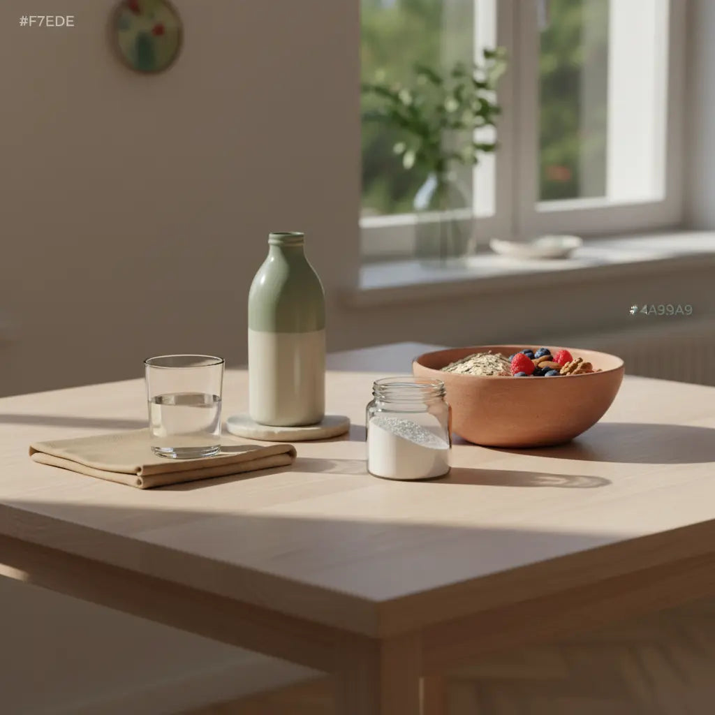 Minimalistische Morgenküche mit Holztisch, Glas Wasser, Keramikflasche, Hafer‑Schale und offenem Creatin‑Glas – Welche Supplements bringen wirklich etwas