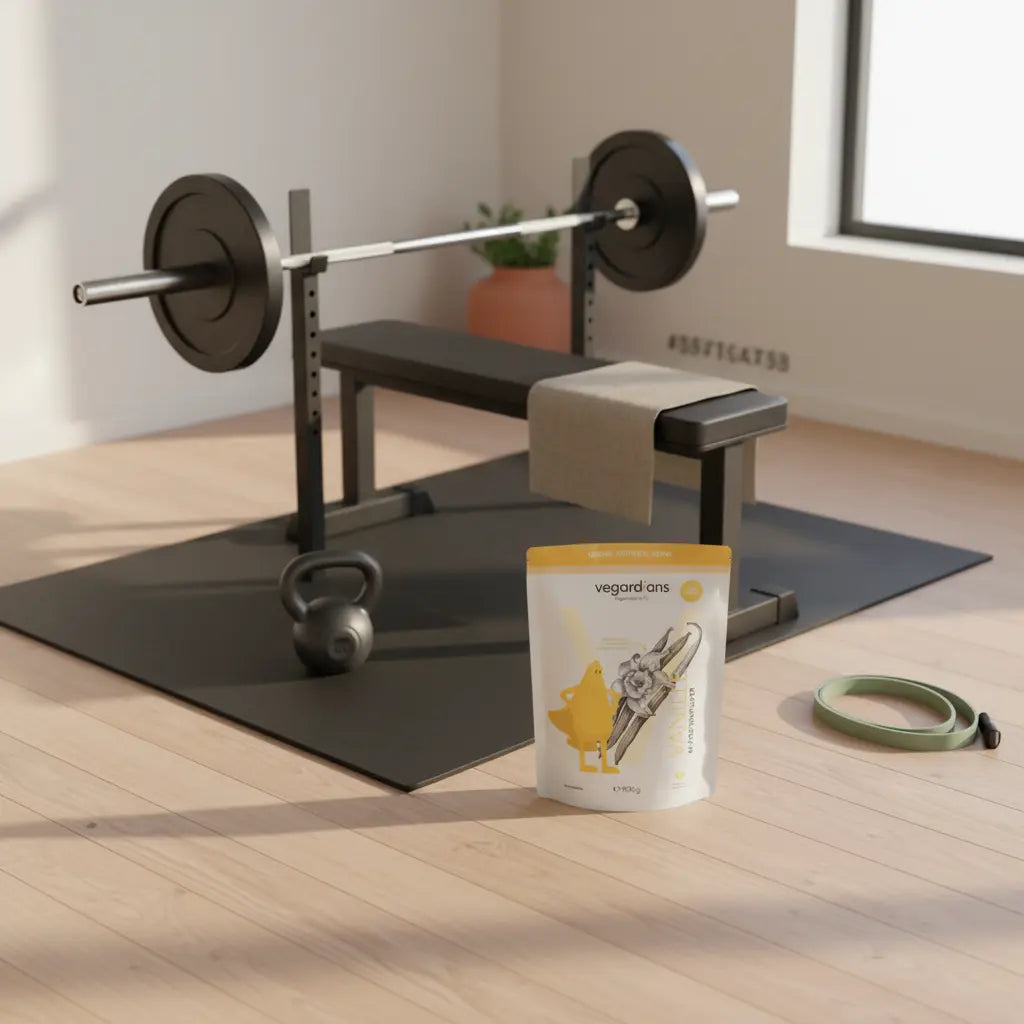 Welche Übungen Fitnessstudio Rücken? Leere Fitnessstudio-Szene mit Hantelbank, Langhantel, Kettlebell und Trainingsband im sanften Morgenlicht, minimalistisch, Vegardians-Ästhetik.