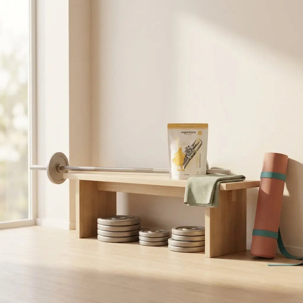 Welche Übungen soll ich im Fitnessstudio machen – ruhige, realistische Studio-Szene ohne Personen: Hantelbank mit Langhantel und Gewichten im warmen Morgenlicht.