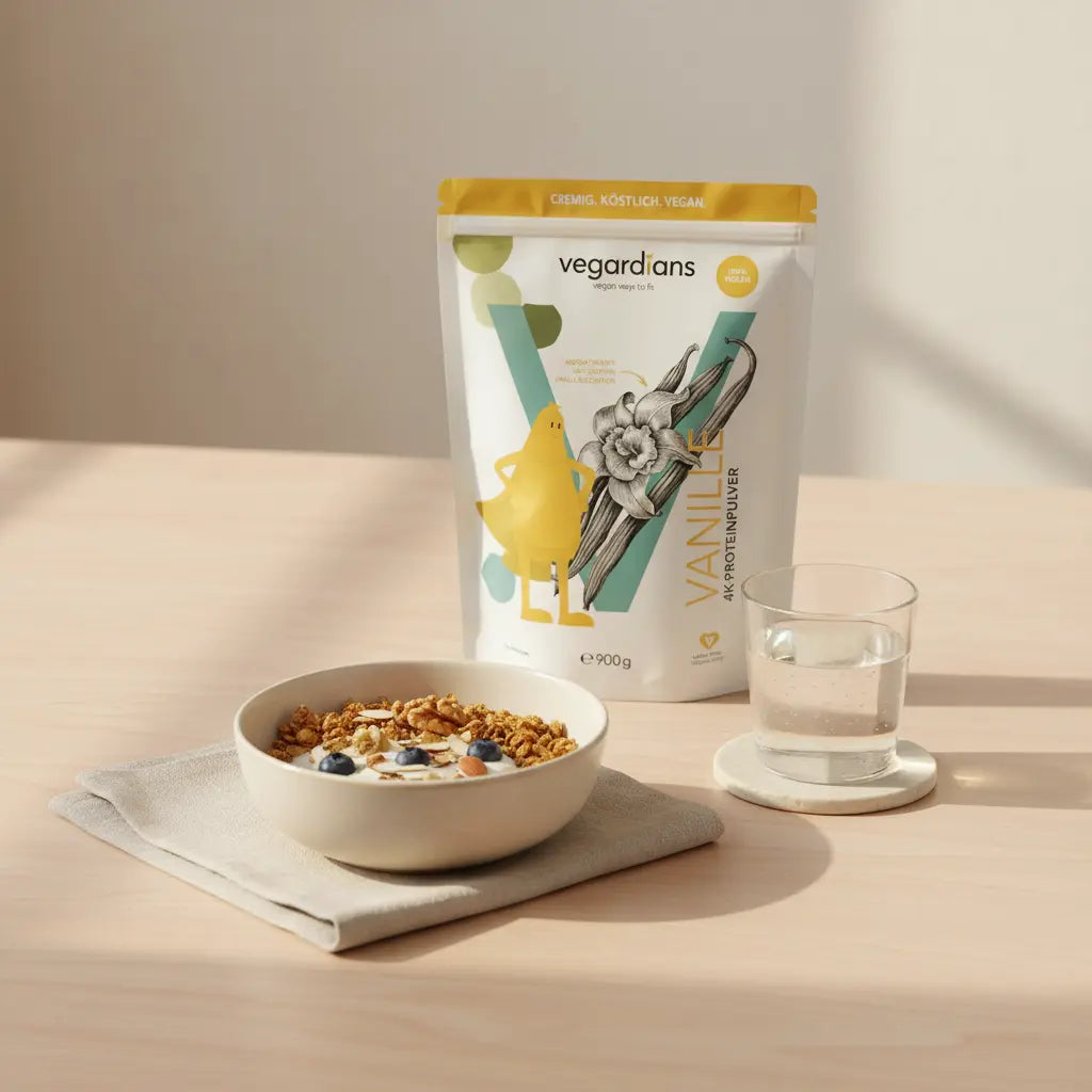 Minimalistische europäische Küche bei Morgenlicht, veganes Frühstück mit Müsli, Glas Wasser und Proteinshake auf Holztisch — welche übung ist am besten zum abnehmen