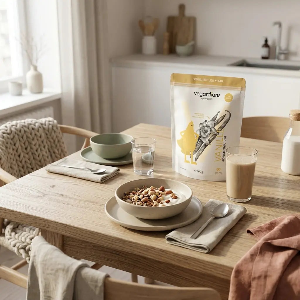 Sanfte Morgen-Küchenszene mit nachhaltigem Tisch, Wasserglas, veganem Müsli, Joghurt, Nüssen und Shake im Vegardians-Stil; welche übungen für frauen ab 50