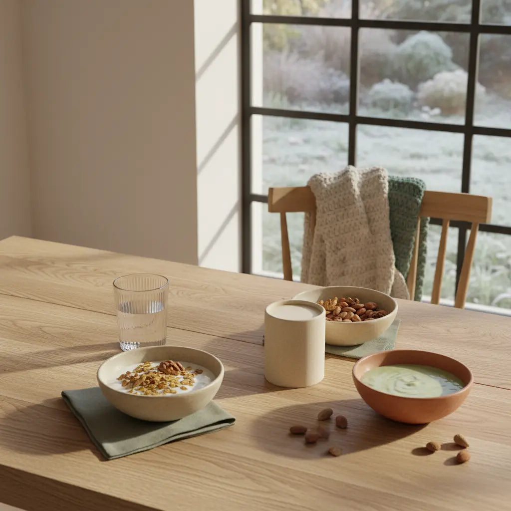 Welche veganen Lebensmittel enthalten viel Protein? Veganes Frühstück mit Granola, pflanzlichem Joghurt, Nüssen und einem Protein-Shake auf nachhaltigem Tisch in heller, minimalistischer Küche.