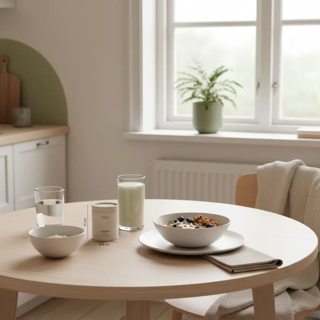 Minimalistisches Frühstück mit Granola, pflanzlichem Joghurt, Nüssen und Shake in einer europäischen Küche – Welche veganen Lebensmittel haben am meisten Protein?