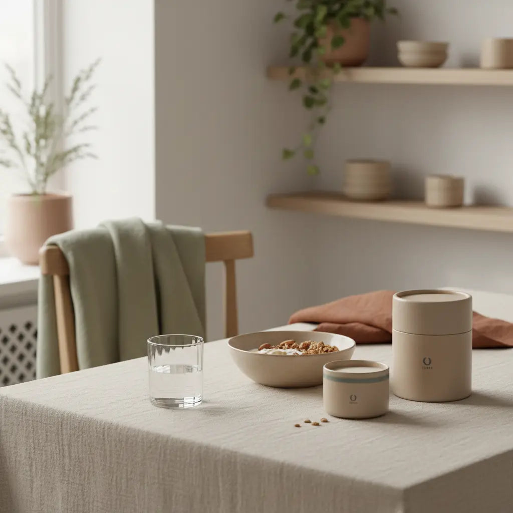 Welche veganen Lebensmittel sind ballaststoffreich? Frühstücksszene mit Granola, pflanzlichem Joghurt, Nüssen und Shake auf nachhaltigem Tisch in minimalistischer Vegardians-Küche