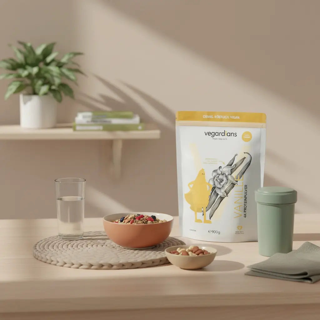 Minimalistische Morgenszene mit veganem Müsli, Nüssen, Glas Wasser und Proteinshake neben dem Produkt – welches eiweißpulver ist das beste zum muskelaufbau?