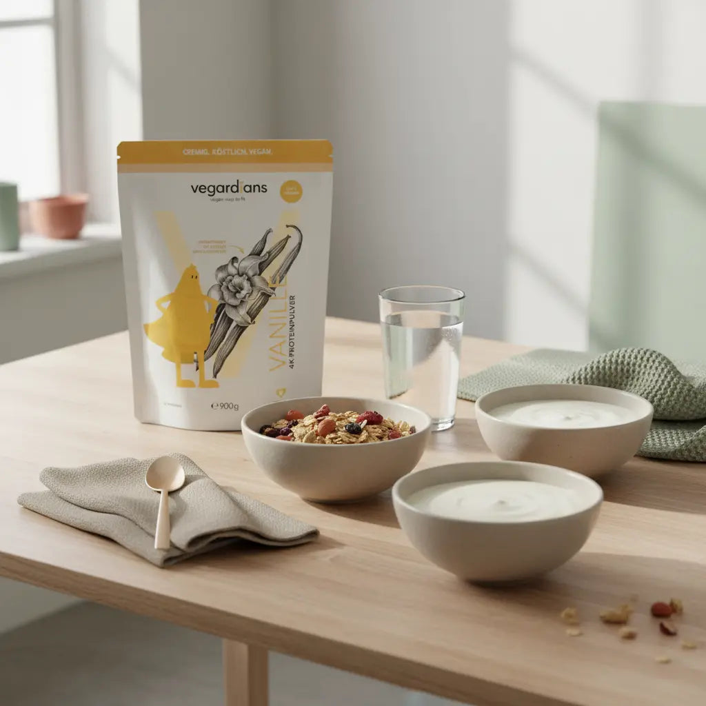 Welches essen eignet sich, um Masse aufzubauen? Frühstück mit Müsli, pflanzlichem Joghurt, Glas Wasser und Proteinshake auf nachhaltigem Holztisch im sanften Morgenlicht.