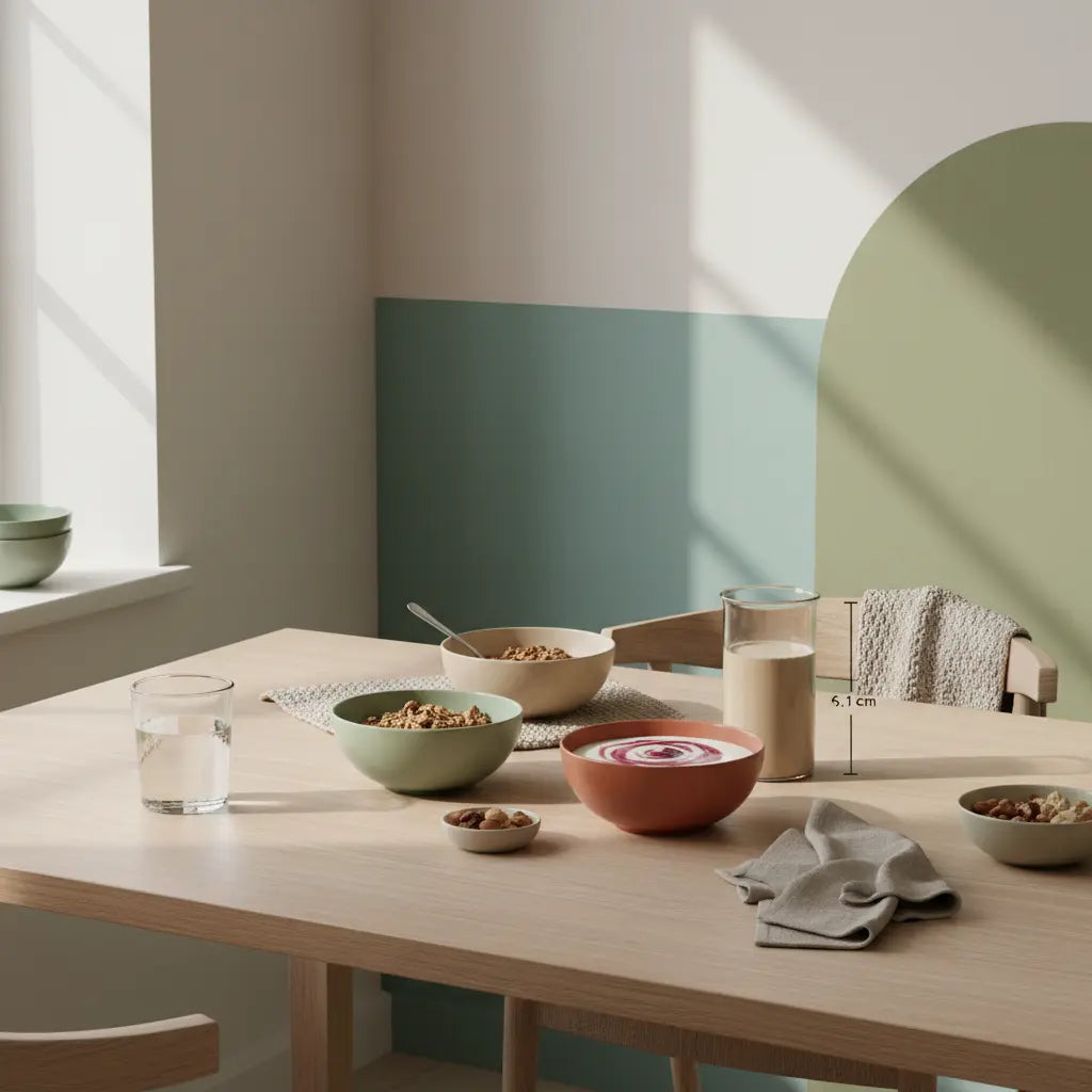 Veganer Frühstückstisch mit Granola, pflanzlichem Joghurt, Nüssen und Protein-Shake in einer minimalistischen europäischen Küche — Welches Essen fördert Muskelaufbau?